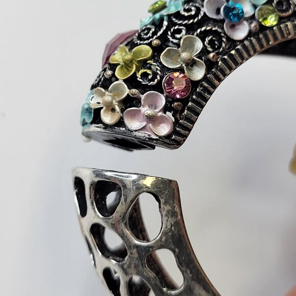 Colorful Floral Cuff Bangle SilverTone Cuff with colorful Rhinestones - Picture 8 of 13